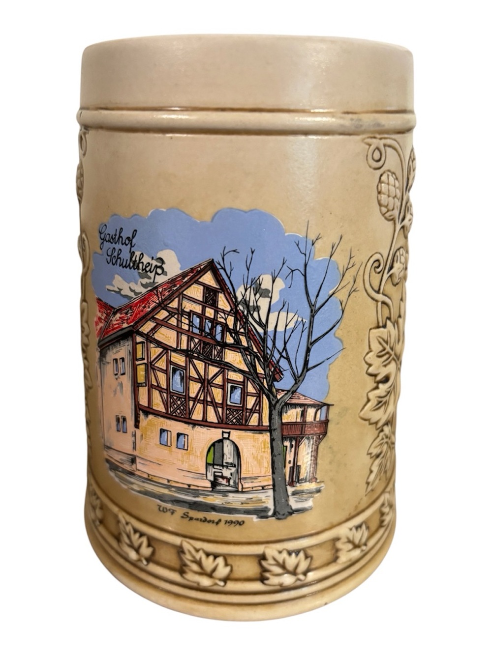 Vintage Cream Ceramic Stein with Illustrated House Motif Mug Collectible Gasthof